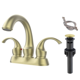 Bathroom Faucet 2-Handle Brushed Gold With Aerator, Swan Style 4-inch Centerset Vanity Sink With Pop-Up Drain And Supply Hoses, FR4075-BG