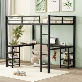 Full Metal Loft Bed With Desk And Shelves, Loft Bed With Ladder And Guardrails, Loft Bed Frame For B