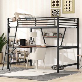 Full Size Loft Metal&MDF Bed With Desk And Shelf, Black