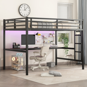 Metal Full XL Size Loft Bed With Power Outlet And LED Lighted, Space-Saving, Noise Reduced, Black