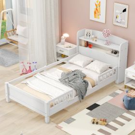 Twin Size Wood Platform Bed With LED, Storage Headboard & Guardrail, White