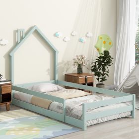 Twin Size Wood Bed With House-shaped Headboard Floor Bed With Fences,Light Green