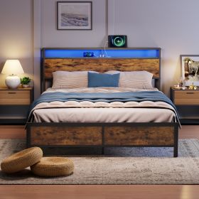 Industrial Queen Bed Frame With LED Lights, 2 USB Ports, Storage - Full Size