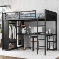 Full XL Size Loft Bed Frame With Built-in Wardrobe, Metal Loft Bed With Desk And Storage Shelves, Black