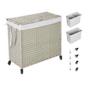 Laundry Hamper With Lid PE Rattan Powder Coating Frame Clothes Hampers With 02 Removable Bags, Wheel