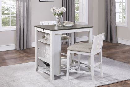 Transitional Design White and Gray Finish 3-piece Pack Counter Height Set Table w Display Shelf USB ports and 2x Counter Height Chairs Fabric Uph