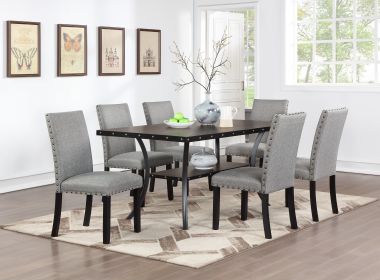 Modern Classic Dining Room Furniture Natural Wooden Rectangle Top Dining Table 6x Side Chairs Gray Fabric Nail heads Trim and Storage Shelve 7pc