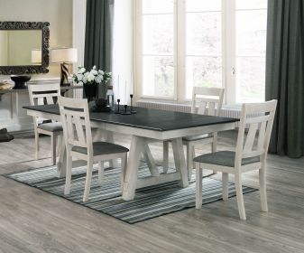 5pc Cottage Style Extendable Dining Table Set Chalk Gray Tow Tone Finish Upholstered Chair Dining Room Wooden Furniture Two Self-Storing Refector