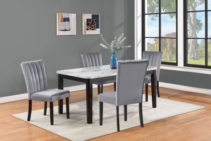 5-Piece Contemporary Dining Set Rectangular Faux Marble Table Top Black Finish Upholstered Chairs Channel Tufting Wooden Solid Wood Dining Room K