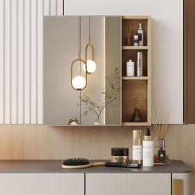 Natural Wood Grain Multi-Function Mirror Cabinet - Clear Mirror and Storage Space. MDF material mirror cabinet