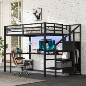 Full Size Loft Bed With L-shaped Desk And USB, Metal Loft Bed With Wardrobe And Adjustable Shelf, High Loft Bed With LED For Kids Teens Adults, Black