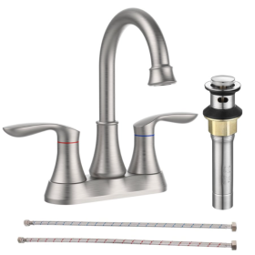 Bathroom Faucet Brushed Nickel With Pop-up Drain & Supply Hoses Two-Handle 360 Degree High Swivel Spout Centerset 4 Inch Vanity Sink Faucet 4011B-NP