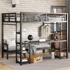 Queen Over Twin XL Metal Bunk Bed Loft Bed With Desk And Shelves, Multiple Uses Folds Into Sofa With LED And USB, Black