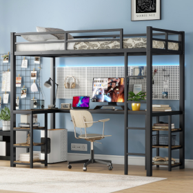 Twin XL Metal Loft Bed With Desk And Shelves, Loft Bed With Ladder And Guardrails, Loft Bed Frame For Bedroom, Black