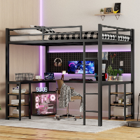 Full XL Metal Loft Bed With Desk And Shelves, Loft Bed With Ladder And Guardrails, Loft Bed Frame For Bedroom, Black