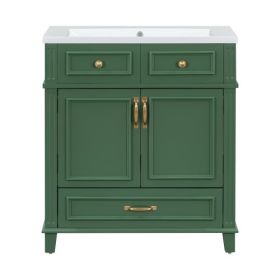 30 Inch Bathroom Vanity With Resin Sink, Solid Wood Frame Bathroom Storage Cabinet With Soft Close Door, Vintage Style, Green (Color: Green)