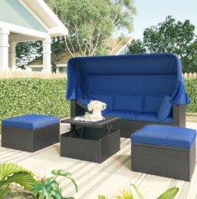 U Style Patio Rectangle Daybed With Canopy, Wicker Sectional Seating (Color: Blue)