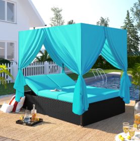 U STYLE Outdoor Patio Wicker Sunbed Daybed With Cushions, Adjustable Seats (Color: Blue)