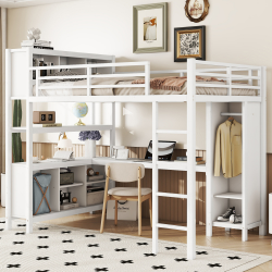 Metal Loft Bed With Wardrobe And L-shaped Desk, Full Size Loft Bed With Storage Cubes And Shelves, Heavy Duty Loft Bed For Kids Teens Adults (Option: Off White)