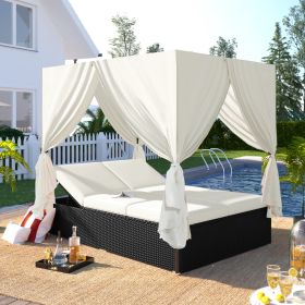 U STYLE Outdoor Patio Wicker Sunbed Daybed With Cushions, Adjustable Seats (Color: Beige)