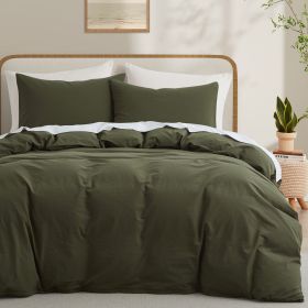 100% Washed Cotton Duvet Cover Set, Durable Fade-Resistant Natural Bedding Set (No Comforter) (Color: Olive Green, size: QUEEN)