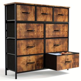 Dresser for Bedroom with 9 Fabric Drawers, Tall Chest Organizer Units for Clothing, Closet, Storage Tower with Cabinet, Metal Frame, Wooden Top (Color: Rustic Brown)