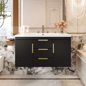 36'' Wall Mounted Bathroom Vanity with Resin Sink, Floating Bathroom Storage Cabinet with 2 Drawers, Solid Wood Bathroom Cabinet (Color: Black, Material: Solid Wood+MDF+Resin)