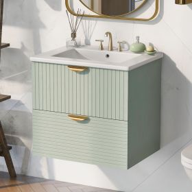 Modern 24-Inch Wall-Mounted Bathroom vanity with 2 Drawers, Ideal for Small Bathrooms (Color: Green, Material: MDF)